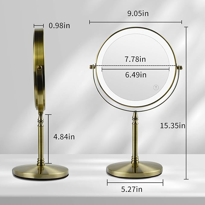 Nicesail Makeup Mirror with Light, Magnifying Mirror with 3 Color Lighting Adjustable Brightness, 360 Rotation Double Sided for Table, Antique Bronze (8 Inch, 7X Magnification)