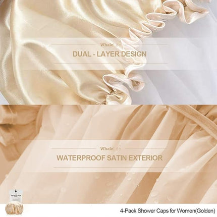 Shower Cap for Women Reusable Extra Large Shower Cap for Men (Golden 4 Pack Large) Satin Double Layer EVA Waterproof Long Hair Cap