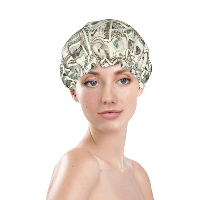 100 Dollar Money Shower Cap For Women Reusable Waterproof Double Layers Bath Cap Hair Protection Elastic Ladies Spa Salon Shower Hat