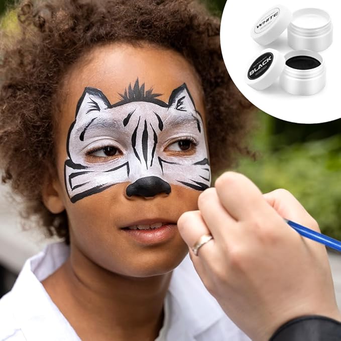 Goth White Foundation Black Red Face Body Paint, 2025 Halloween Decorations Makeup for Body Face, 50ML Halloween Decor Painting Makeup Kit with Brushes for Skeleton Ghost (White*2 + Black*2)