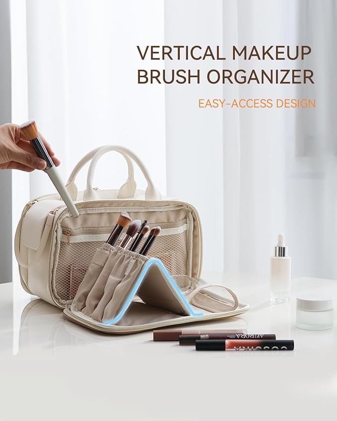 Prite Makeup Bag for Women, Large Capacity Waterproof Travel Cosmetic Organizer, Portable Open Flat Toiletry Bag with Free-standing Brush Holder and Handle(Beige Medium)