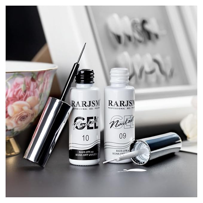 RARJSM Nail Art Gel,Liner Gel Polish,Black White Nail Design Polish Painted GelNailPolish Set 2Pcs Soak off Curing Requires 8ml Build in Thin Brush for Home Salon Diy Nails French Manicure Painting