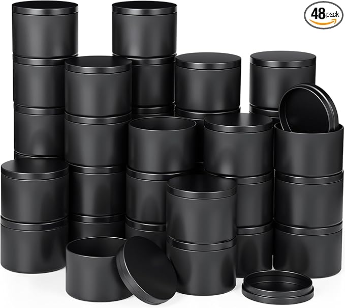 Therwen 48 Pcs Aluminum Tin Jars Containers Metal Leak Proof Cosmetic Tin Jars Containers Round Screw Lids Lip Balm Can Empty Refillable Cosmetic DIY Storage (2.3 x 3.1 Inch,Black)