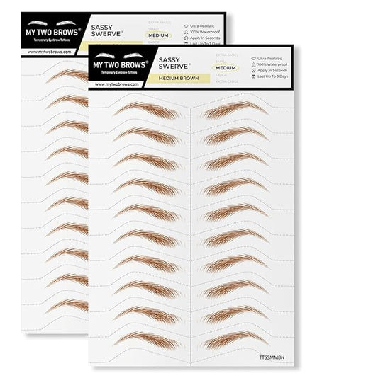 20 Pairs Medium Brown Temporary Eyebrow Tattoos, Waterproof and Smudge-Proof Medium Sassy Swerve Style Realistic Eyebrow Stickers for Women, Easy to Apply, Won't Work on Existing Brows