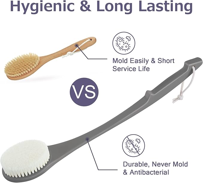 Body Back Scrubber – 17'' Long Handle Shower Brush, Durable Exfoliator for Dry & Wet Use, Deep Cleansing & Gentle Exfoliation for Smooth Skin – for Men, Women & Elderly (Gray)