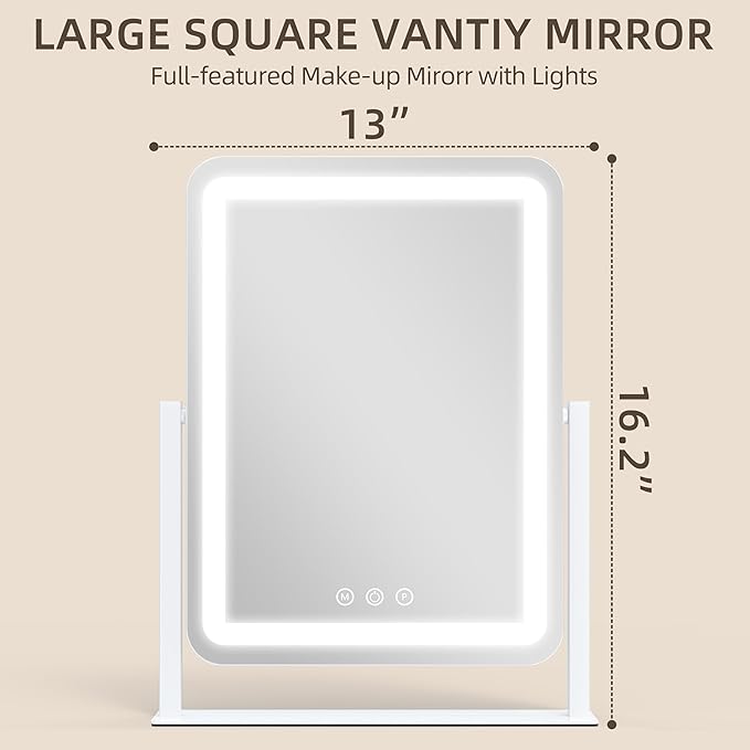FENNIO Makeup Mirror with Lights 17"x13" ，Desk Mirror，Vanity Mirror with Lights, Touch Screen with 3-Color Lighting, Dimmable, Vanity Mirror for Vanity Desk Tabletop
