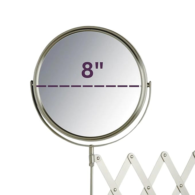 JERDON Two-Sided Wall-Mounted Makeup Mirror - Makeup Mirror with 7X Magnification & Extendable Arm - 8-inch Diameter Mirror with Nickel Finish Wall Mount - Model JP2027N