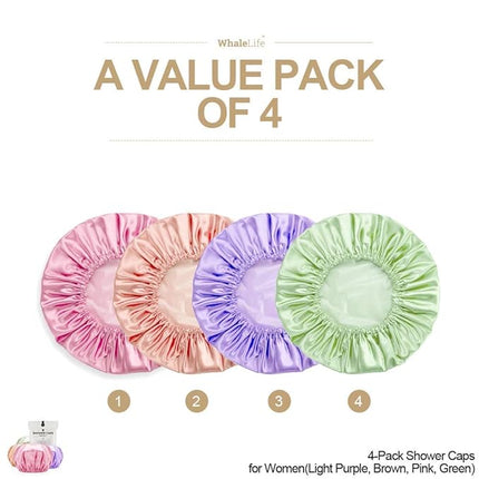 Shower Cap for Women Reusable Extra Large Shower Caps for Men Satin Double Layer EVA Waterproof Long Hair Caps(Light Purple, Brown, Pink, Green 4 Pack)