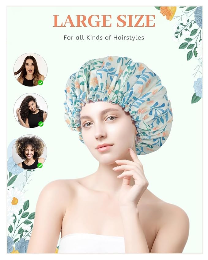 Aquior Shower Caps, Double Layer Waterproof Shower Cap for Women, Reusable Large Shower Cap for all Hair Lengths with EVA Lining, Soft Bath Shower Caps