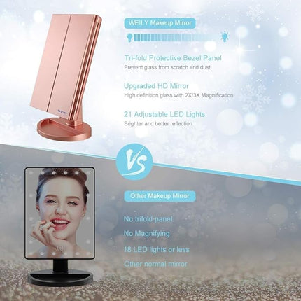 WEILY Makeup Mirror with 21 LED Lights,Two Power Supply Modes, Adjustable Touch Screen and 1x/2x/3x Magnification Tri-Fold Vanity Mirror,Chargeable Travel Cosmetic Mirror for Desktop(Rose Pink)