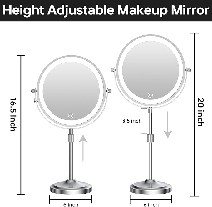 9" Magnifying Mirror with Lights 20X, Height Adjustable, Dimmable, Rechargeable, Chrome