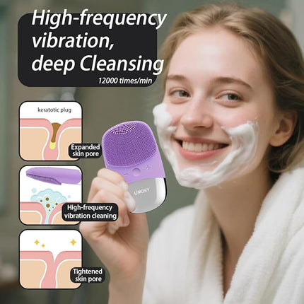 Facial Cleansing Brush, 3-in-1 Electric Silicone Face Scrubber, Vibrating Massager, IPX7 Waterproof, USB Rechargeble Pore Brush for Deep Cleanning, Blackhead Remover, Exfoliating (Purple)