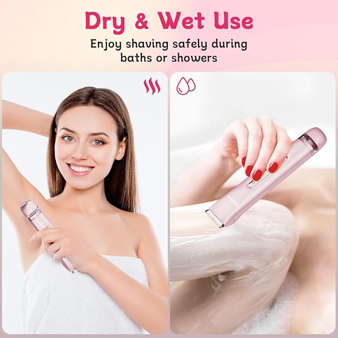 Bikini Trimmer for Women, 2-in-1 Electric Razors for Women for Bikini Line & Sensitive Areas, IPX7 Waterproof Wet & Dry Razor for Underarms, Legs, Arms, Body & Face, USB-C Rechargeable, Pink