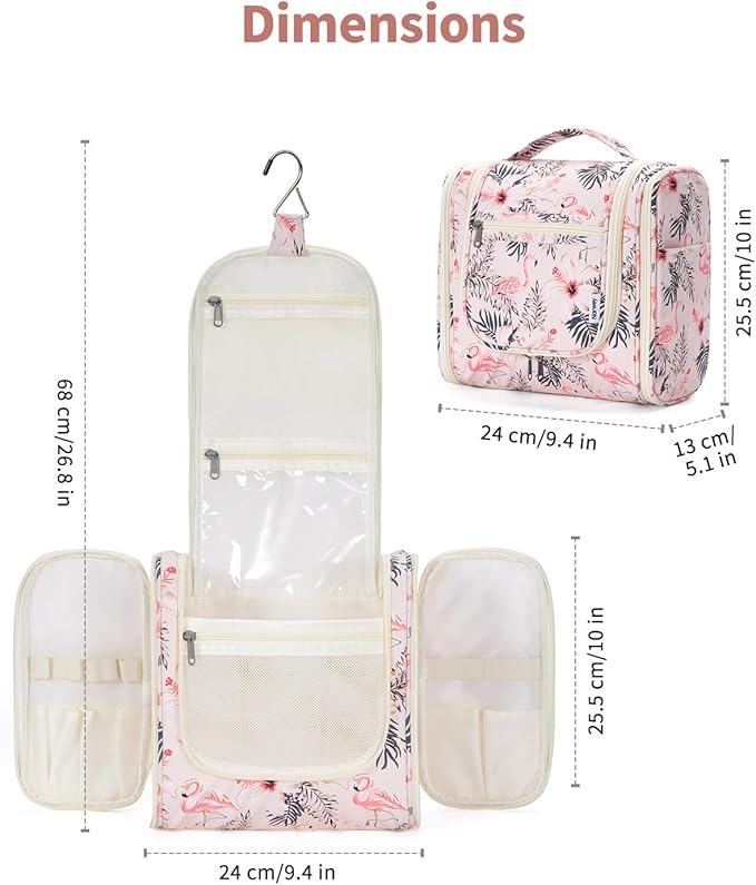 Narwey Hanging Toiletry Bag for Women Travel Makeup Bag Organizer Toiletries Bag for Cosmetics Essentials Accessories (Large, Beige Bird)