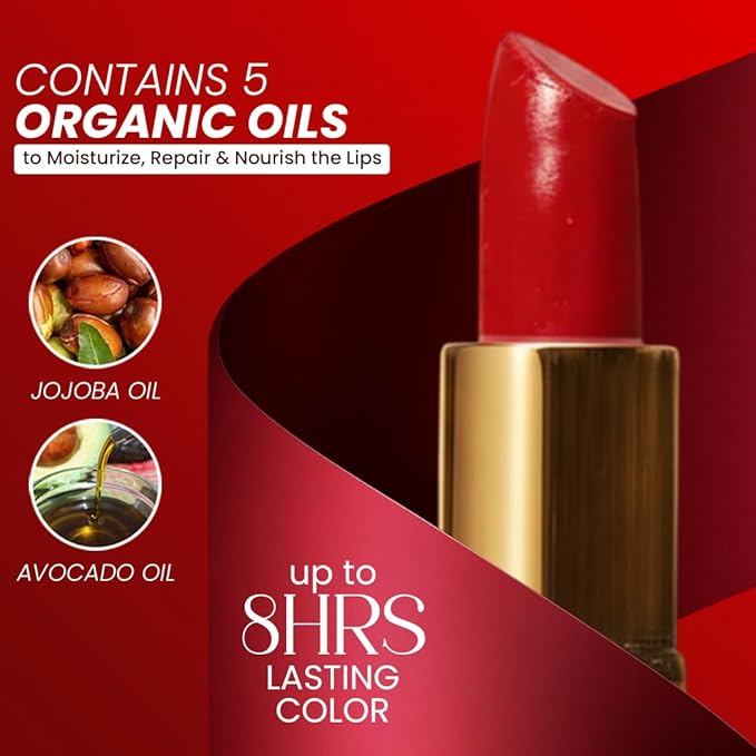 𝗘𝘀𝘀𝗲𝗻𝗰𝗲 𝗼𝗳 𝗔𝗿𝗴𝗮𝗻 Deep Moisturizing Red Lipstick, Long Lasting Lipstick & Lip Care in 1 with Pure Organic Argan Oil, Shea Butter, Jojoba Oil & Aloe Vera Hydrating, Roses R Red
