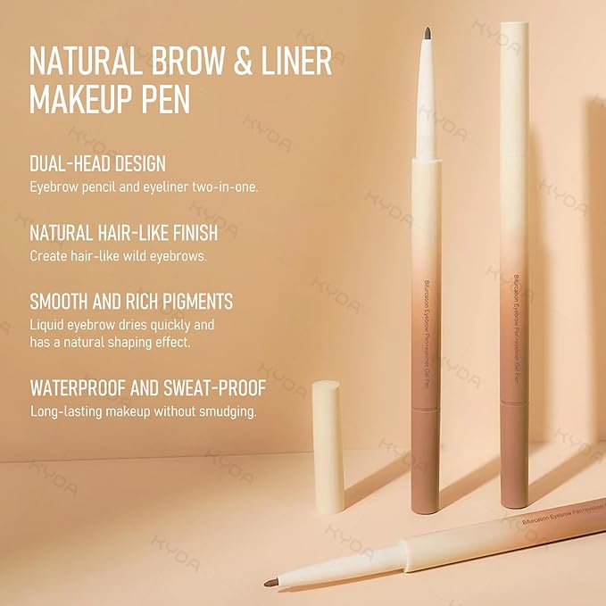 KYDA Microblading Eyebrow Pen, Dual-Ended Eyebrow Pencil with 2-Fork-Tip & Gel Eyeliner for Women, Eye Brow Pen with Gel Eyeliner, Microblading Eye Brow Pencil with Hair Like Strokes, Black