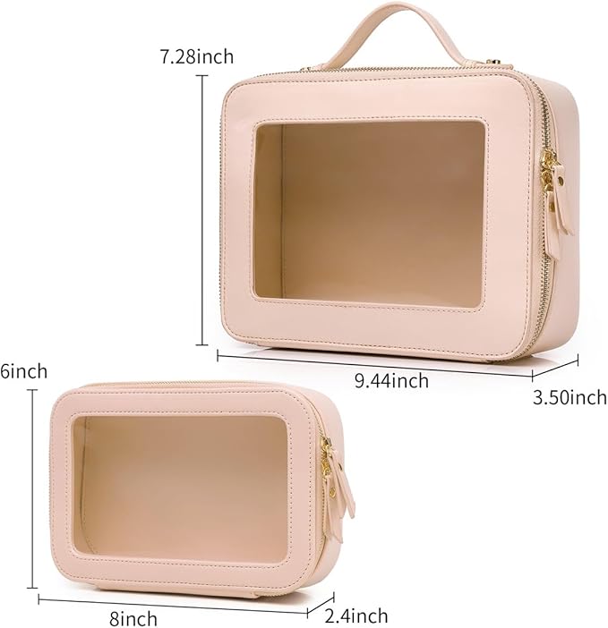 Pinkmik Clear Makeup Bag for Women Waterproof Travel Cosmetics and Toiletries Case Portable Makeup Oaganizer Bag Clear Car Bag with Zipper (Pink, M+L-1)