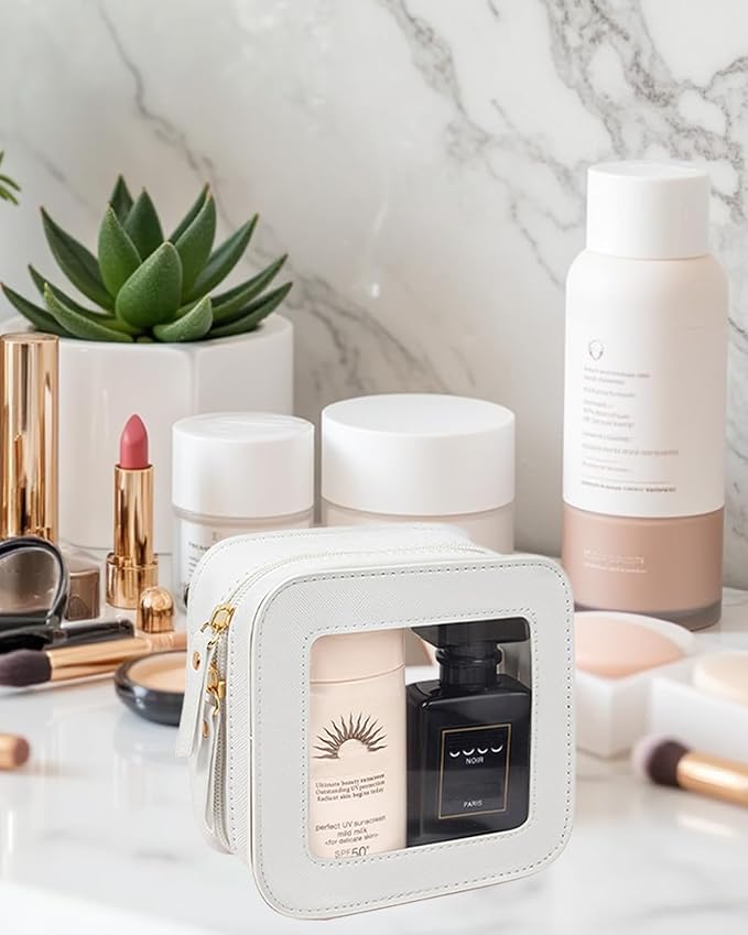 2 Pcs Travel Clear Makeup Bag Set, Clear White Makeup Organizer with Zipper Leather Travel Bags for Toiletries Small Cosmetic Bags for Women Mini Make up Pouch Toiletry Bags Car Essentials