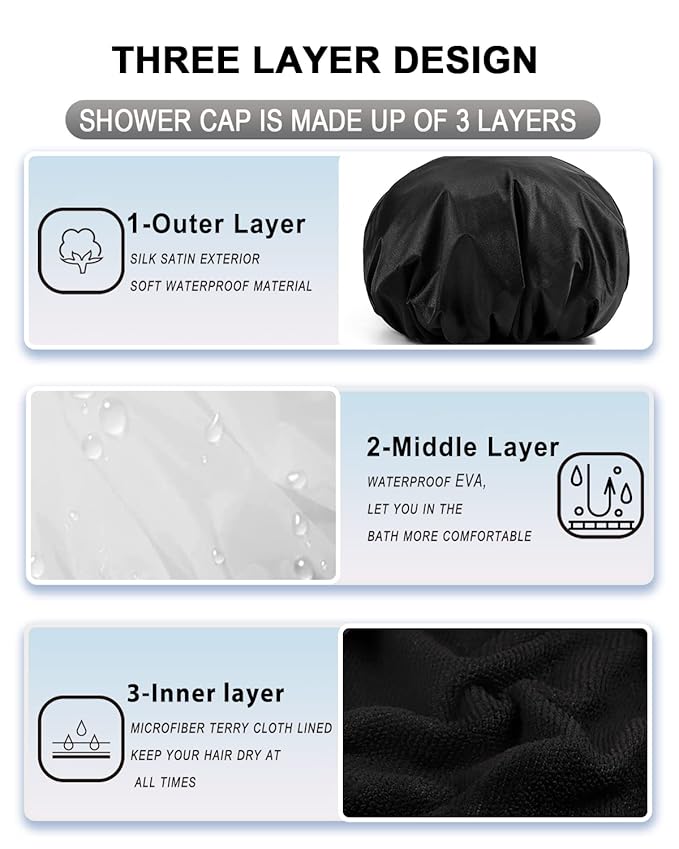 YIZIJIZI Terry Lined Shower Cap,Triple Layer Large Cap for Women,Shower Cap Reusable Waterproof,Long Thick Hair(Black)