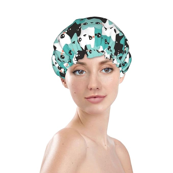 Cat Pattern Shower Cap For Women Reusable Waterproof Double Layers Bath Cap Hair Protection Elastic Ladies Spa Salon Shower Hat
