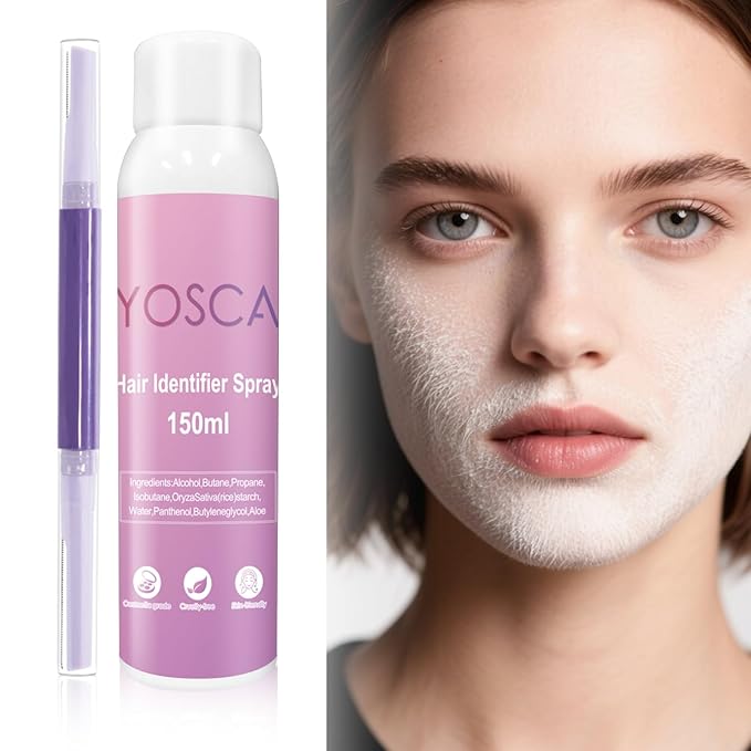 Yosca Hair Identifier Spray for Face Shaving, 150ML Skin Body Hair Identifier Spray for Face Dermaplaning, Facial Hairspray for Dermaplaning, Moisturizing and Skin Care Shaving Powder with Razor