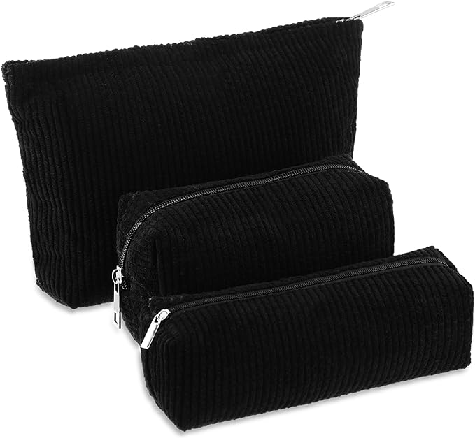 3 Pcs Makeup Bag Set for Women Corduroy Cosmetic Pouch Aesthetic Smile Travel Toiletry Bag Cute Purse Pouch Pencil Case Makeup Brushes Storage Organizer for Christmas(Black,Solid Style)
