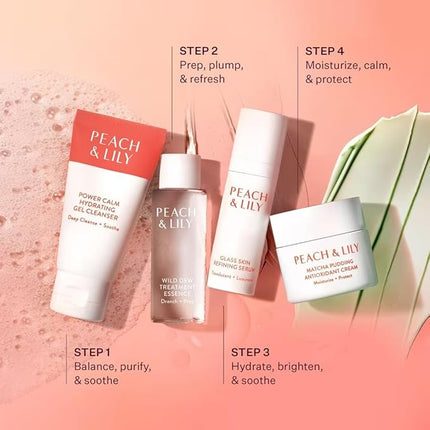 Peach & Lily - Glass Skin Discovery Kit (4 Products) - 1 Cleanser, 1 Essence, 1 Serum & 1 Cream - Skin Care Set - Acne Routine - Travel Essentials - Self Care - Vegan & Cruelty Free - Korean Beauty