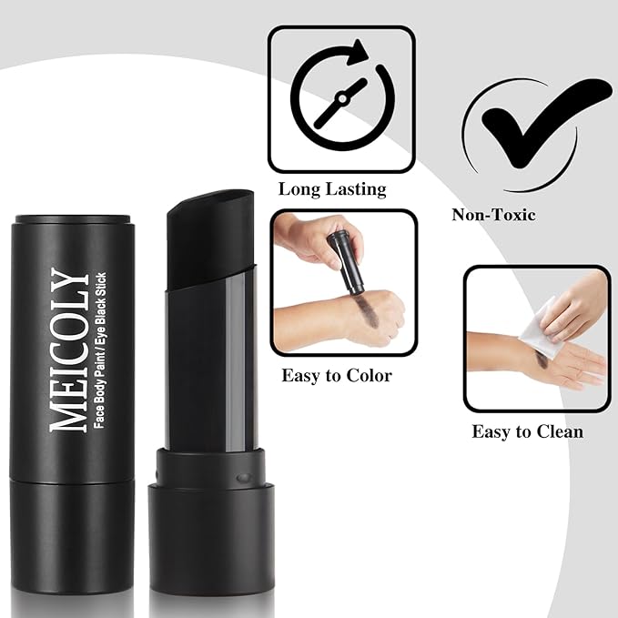 MEICOLY Black Eye Black Stick,Waterproof Eye Black Baseball Softball Football Lacrosse,Black Face Body Paint Stick for Halloween SFX Cosplay Clown Skeleton Zombie Joker Makeup