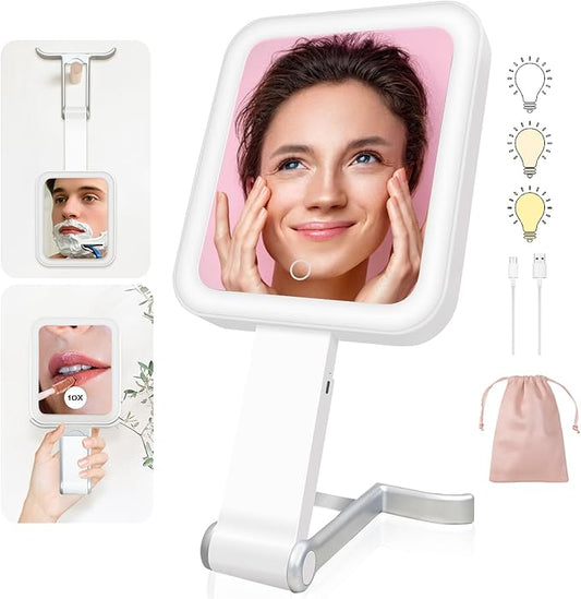 Portable Travel Makeup Mirror with Lights, Double Sided 1X/10X Magnifying Mirror, 3 Color Adjustable Lighting Touch Screen, Rechargeable Lighted Beauty Mirror, Tabletop Handhold Hanging (White)