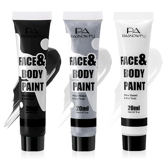 Black White Silver Face Paint - Water-Based Non-Toxic Face Body Paint Kit for Vampire White Tiger, Full Coverage Washable Formula for Halloween Cosplay, Costume Parties，Stage Performances