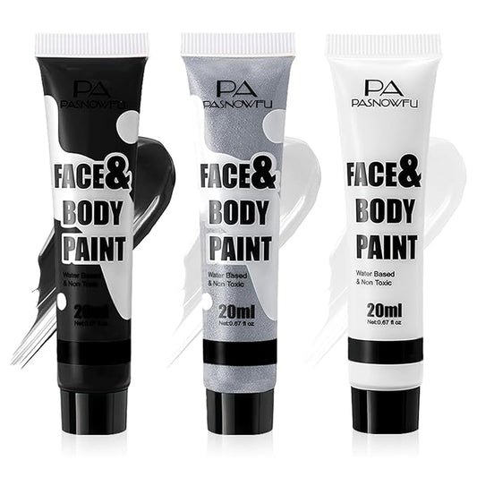 Black White Silver Face Paint - Water-Based Non-Toxic Face Body Paint Kit for Vampire White Tiger, Full Coverage Washable Formula for Halloween Cosplay, Costume Parties，Stage Performances