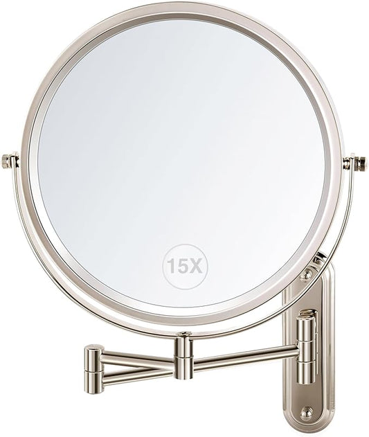 Wall Mounted Makeup Mirror, 15X/1X Double Sided Magnifying Mirror, 8.5 Inch Round, Brushed Nickel, Modern Style, Space Theme, 13" L x 11" W
