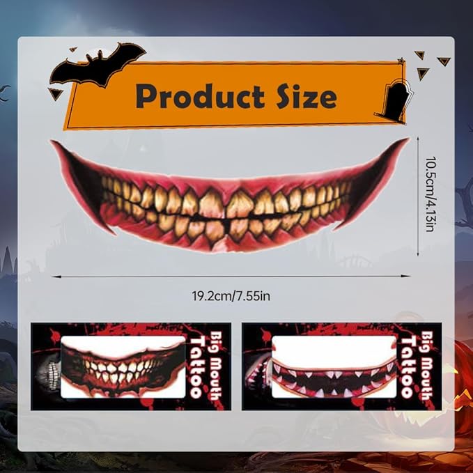 Halloween Prank Makeup Temporary Tattoo, Halloween Face Tattoos Scary Big Mouth Temporary Tattoo for Adults Kids (12 Pcs)