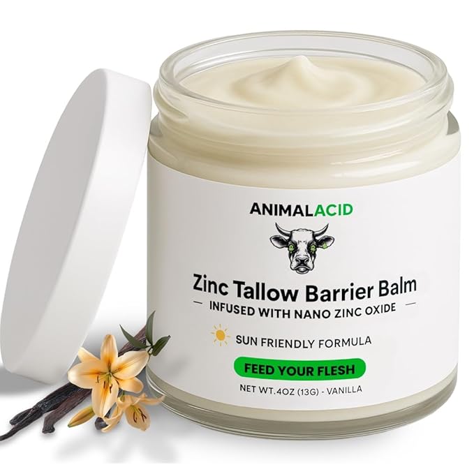 Beef Tallow Balm for Face, Skin & Body - 4 Fl oz Moisturizing Balm with Organic Jojoba Oil, Beeswax, Non-Nano Zinc Oxide & Vanilla - 100% Grass Fed Beef Tallow