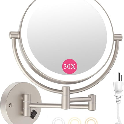 Wall Mounted Makeup Mirror with Lights, 30X/1X Double-Sided Magnifying, Plug-in Lighted Vanity Mirror with 3 Color Modes, Dimmable Brightness, 360° Swivel Extendable Arm for Bathroom & Grooming