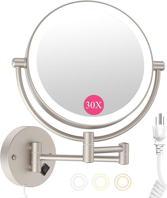 Wall Mounted Makeup Mirror with Lights, 30X/1X Double-Sided Magnifying, Plug-in Lighted Vanity Mirror with 3 Color Modes, Dimmable Brightness, 360° Swivel Extendable Arm for Bathroom & Grooming