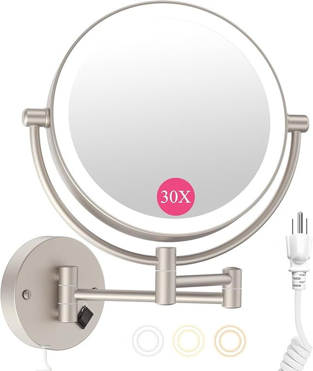 Wall Mounted Makeup Mirror with Lights, 30X/1X Double-Sided Magnifying, Plug-in Lighted Vanity Mirror with 3 Color Modes, Dimmable Brightness, 360° Swivel Extendable Arm for Bathroom & Grooming