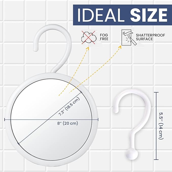 MIRRORVANA Hangable Round Fogless Shower Shaving Mirror with 360° Swivel Rotatable Hook for Hanging and Bonus Anti-Fog Spray - Anti Fog and Shatterproof Surface, 6.7" Diameter