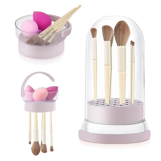 KAYUSO 3 in 1 Makeup Brush Cleaner Bowl and Dryer, Silicone Simply Makeup Brush Cleaner Mat, Waterproof Makeup Brush Holder with Lid, Cosmetic Tools Organizer (Purple)