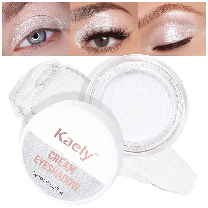 Kaely Single Cream Eyeshadow Pot, Pearl White Sparkle Eye Shadow for Older Women High Pigmented Waterproof, Natural Eyeshadow Palette Makeup Brightener, sombras en crema para ojos, Blendable, 01