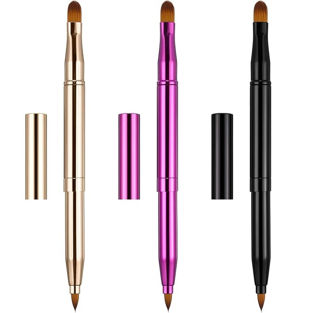 TOODOO 3 Pack Retractable Lip Brush for Lipstick with Cap Dual-ended Liner Foundation Makeup Brush Sets Travel Applicators(Gold, Black, Purple)