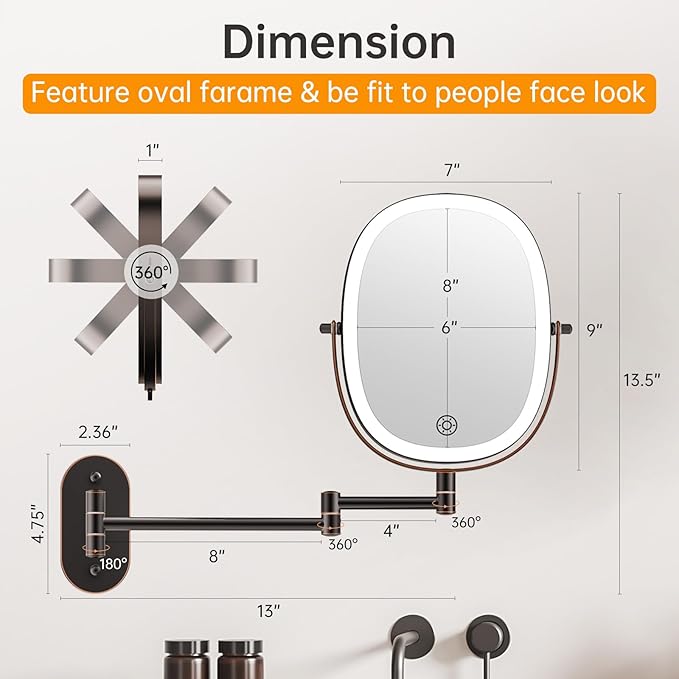 Funtouch 9" Wall Mounted Lighted Makeup Mirror, Rechargeable Double Sided 1X/7X Magnifying Mirrors with Light, 3 Color Lights, Touch Dimmable, Extended Arm 360 Rotation Oval Shaving Light up Mirror