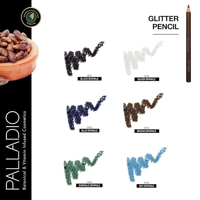 Palladio Glitter Eyeliner Pencil, Longlasting Creamy Cosmetic, Shimmer Eye Liner, Buttery Smooth Tip, Professional Makeup Glittery Pencil, Sharpenable, Brown Sparkle