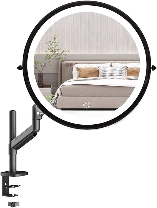 Extendable Arm Makeup Mirror with Lights, 15.75 Inch Vanity Mirror with Clamp and Grommet Base, Adjustable Stand 3-Color Dimmable Lighting Magnifying Mirror for Nearsighted