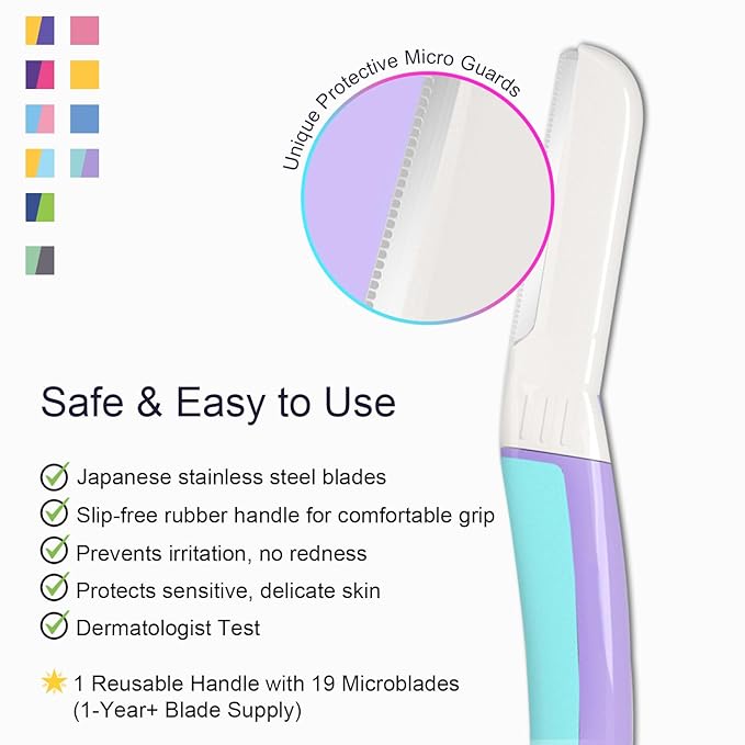 Dermaplane Razor - Facial Razor for Women - Dermaplaning Tool, with 19 Microblades for Face, Peach Fuzz Remover, Remove Facial Hair for Smoother Skin and Perfectly Shape Brows, Wisteria