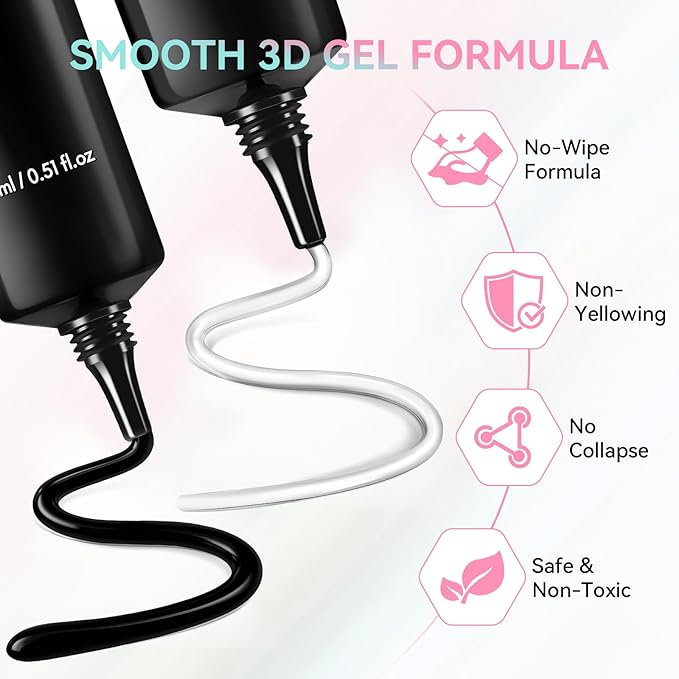 Makartt 3D Gel Nail Art Set – Clear & Noir Sculpting Gel for DIY Embossed Nail Designs – No Wipe Easy-Squeeze Tube Nail Glue for 3D Drawing, Molding, Rhinestones & Decoration (2 x 15g)