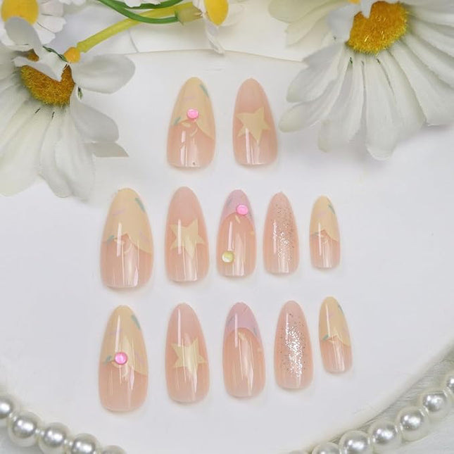 French Tip Press on Nails Almond Medium Fake Nails with Light Pink Yellow Star Rhinestones Designs Nails Press ons Glossy Acrylic Nail Cute Stick on Nail for Women 24 Pcs