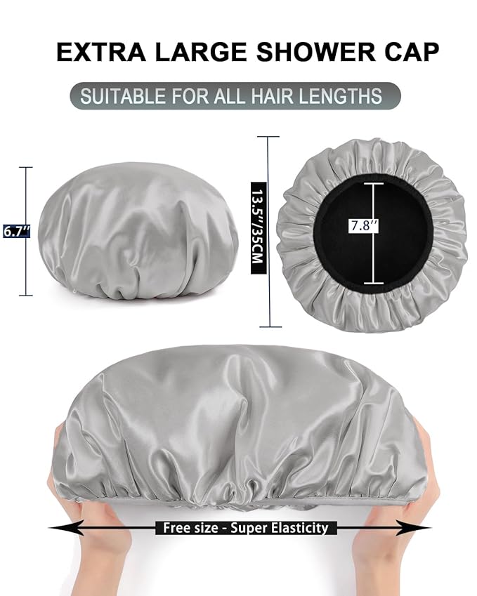 YIZIJIZI Triple Layer Reusable Waterproof Shower Cap for Women Large Terry Lined Hair Cap for Long Thick Hair Travel Bath Care Grey