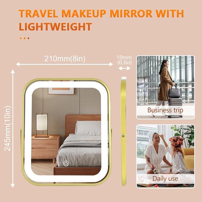 Gold Vanity Mirror with Lights,10"x8" Rechargeable LED Lighted Makeup Mirror, Large Makeup Mirror with Lights, Touch Screen with 3-Color Lighting, Dimmable, for Vanity Desk Tabletop, Bedroom