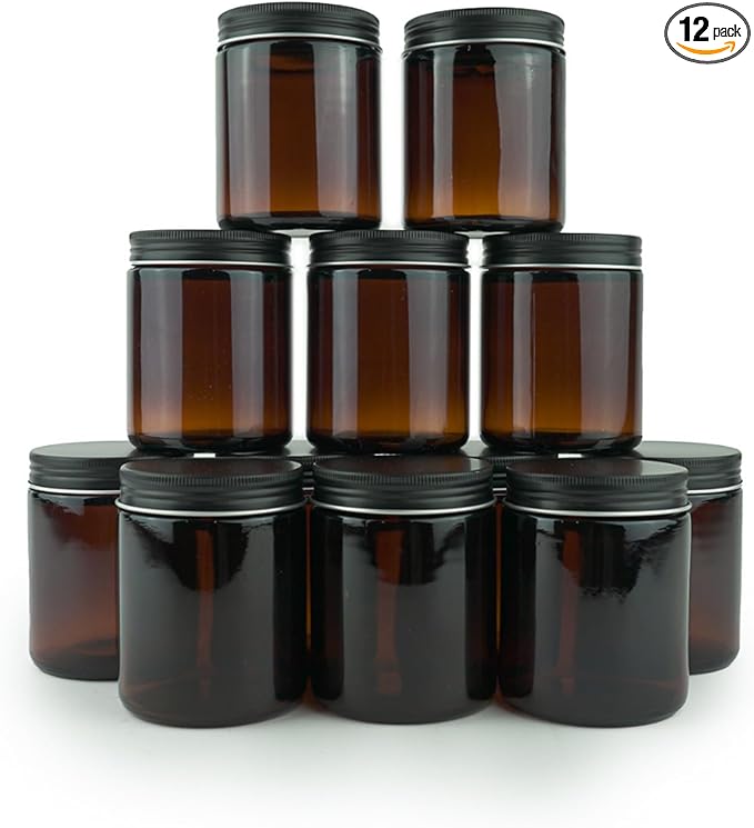Glass Amber 8oz Jar - 12 Packs, Empty Round Jars For Beauty Products, Lotion, and Powders - Black Lid - Small Candle Jars
